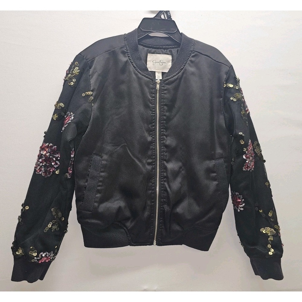 Jessica Simpson Girl's Black Embroidered Bomber Jacket With Sequins Flowers Sz S